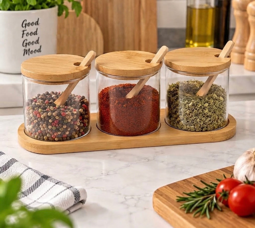 Bamboo Lid Glass Condiment Jar Set with Wooden Tray (3-Piece)