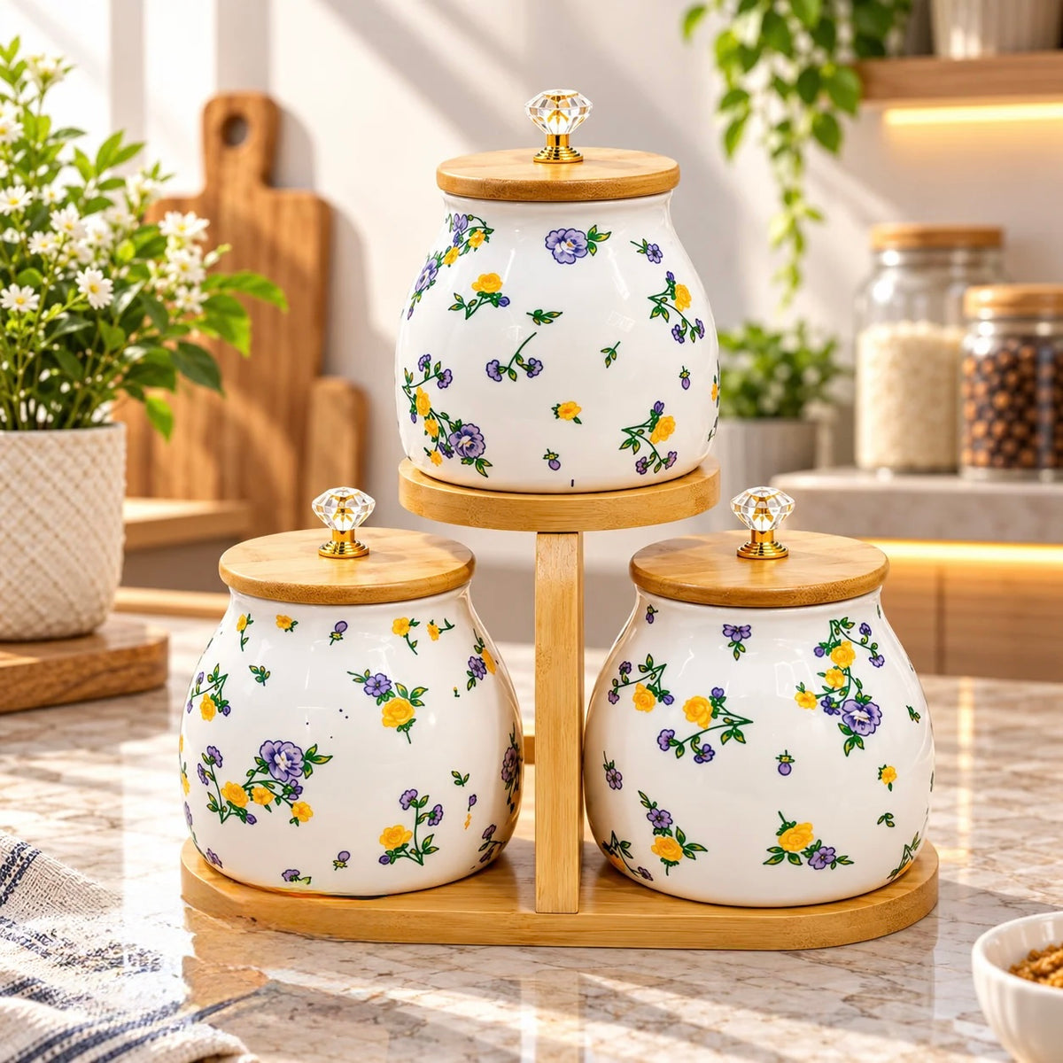 Floral Ceramic Canister Set | 3pcs with Bamboo Stand & Diamond Knob Lids