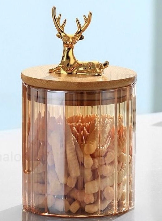 Golden Deer Glass Storage Jar (Bamboo Lid, 1 piece)