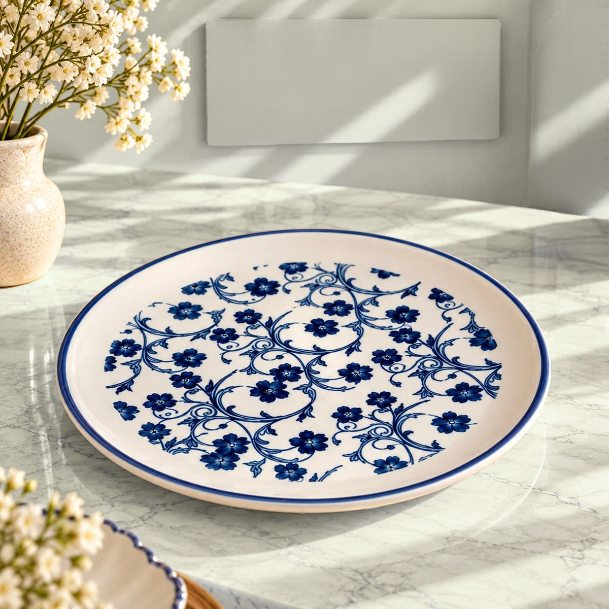 Blue & White Floral Ceramic Dinner Plate