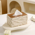 Wave-Textured Cream Tissue Box with Wood-Grain Lid