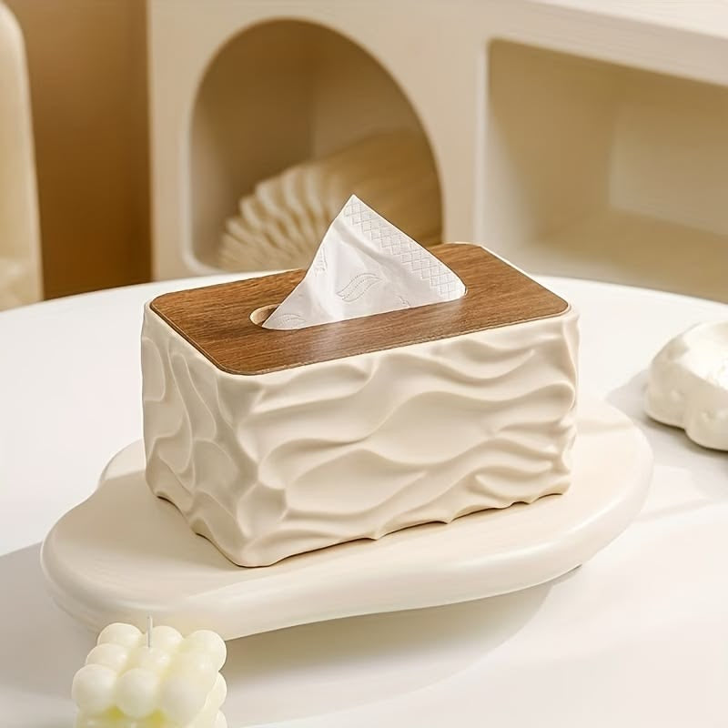 Wave-Textured Cream Tissue Box with Wood-Grain Lid