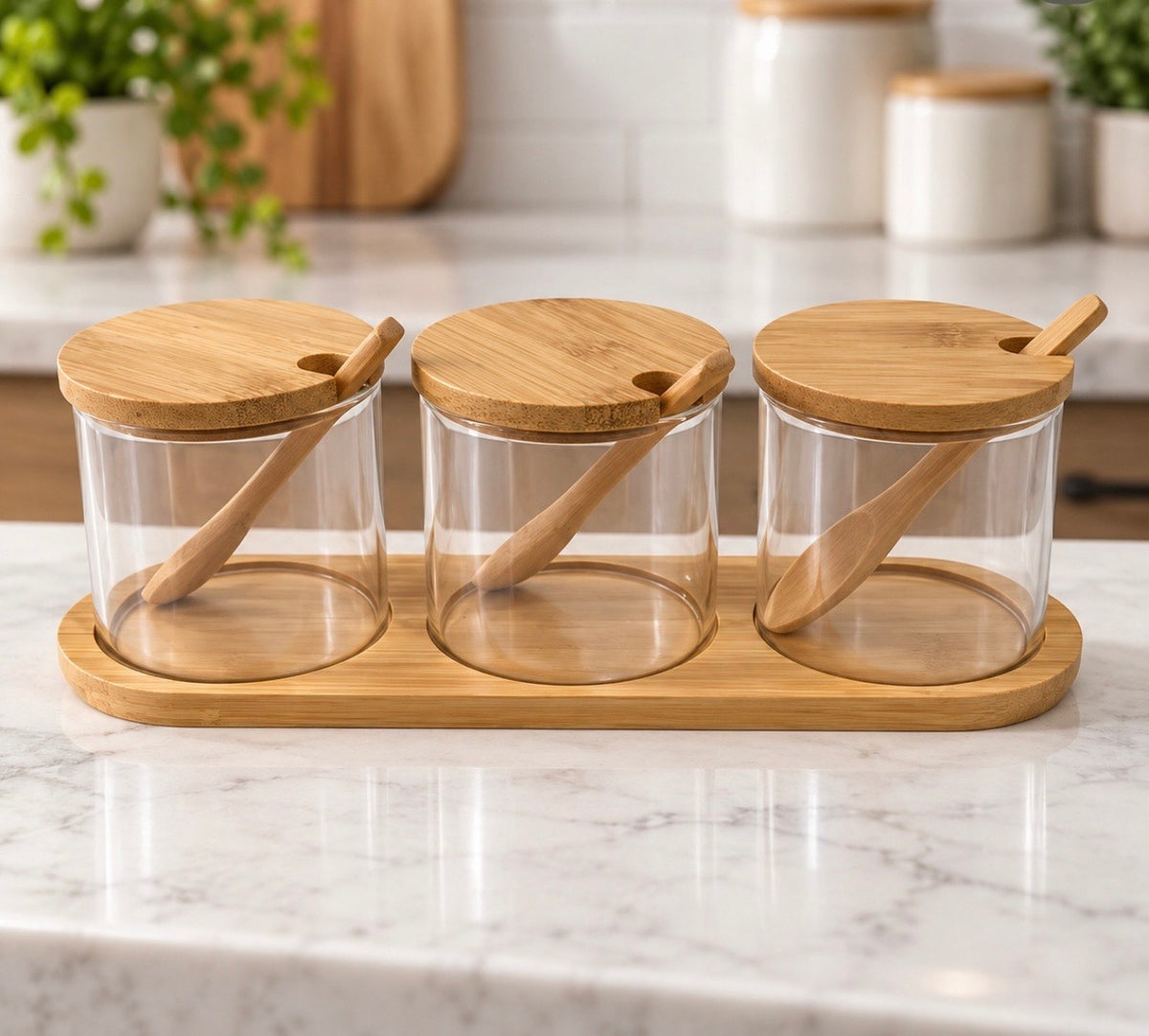 Bamboo Lid Glass Condiment Jar Set with Wooden Tray (3-Piece)