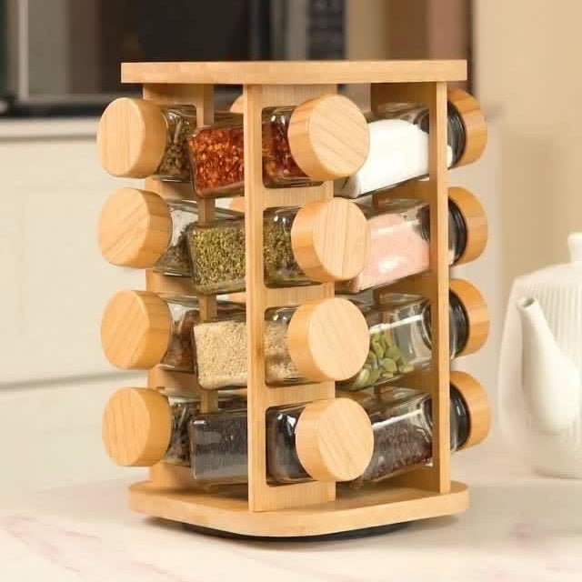 Rotating Bamboo Spice Rack Organizer