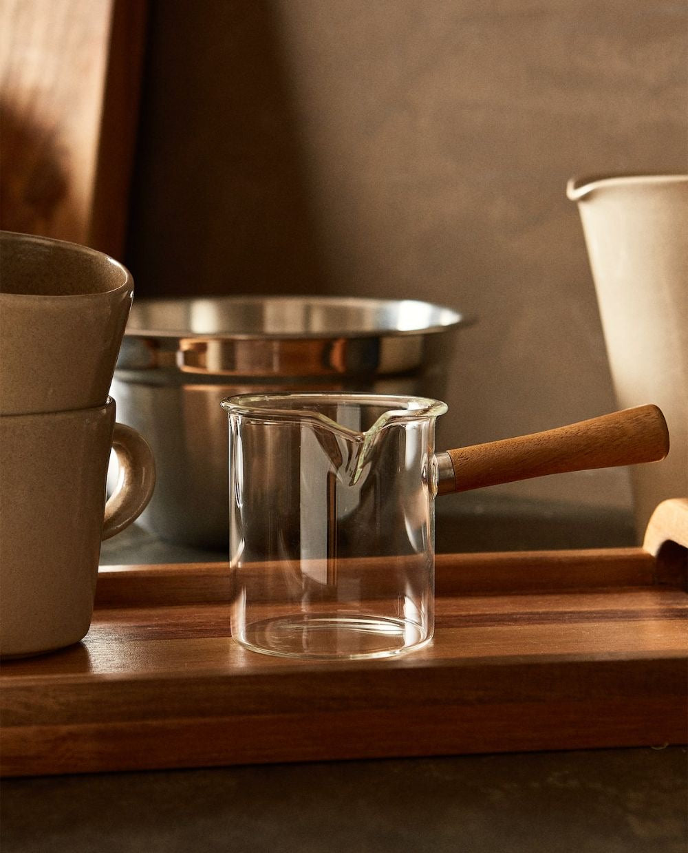 Glass  Espresso Measuring Cup with Wooden Handle