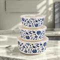 Airtight Food Container Set | 3 Pcs Blue & White Floral Ceramic Bowls with Lids