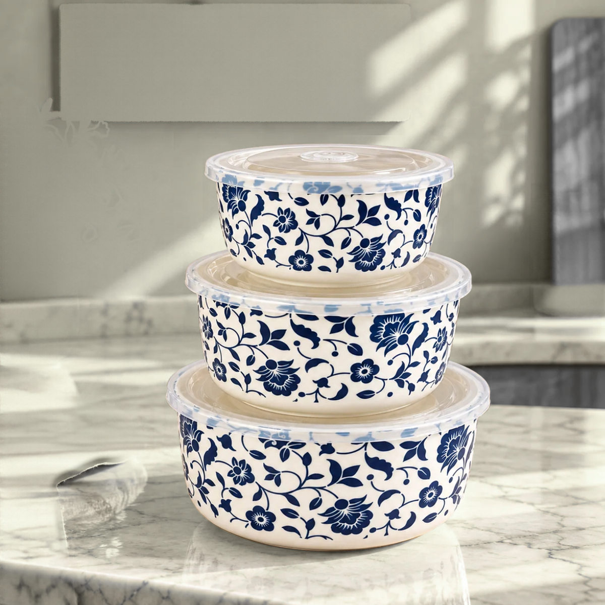 Airtight Food Container Set | 3 Pcs Blue & White Floral Ceramic Bowls with Lids