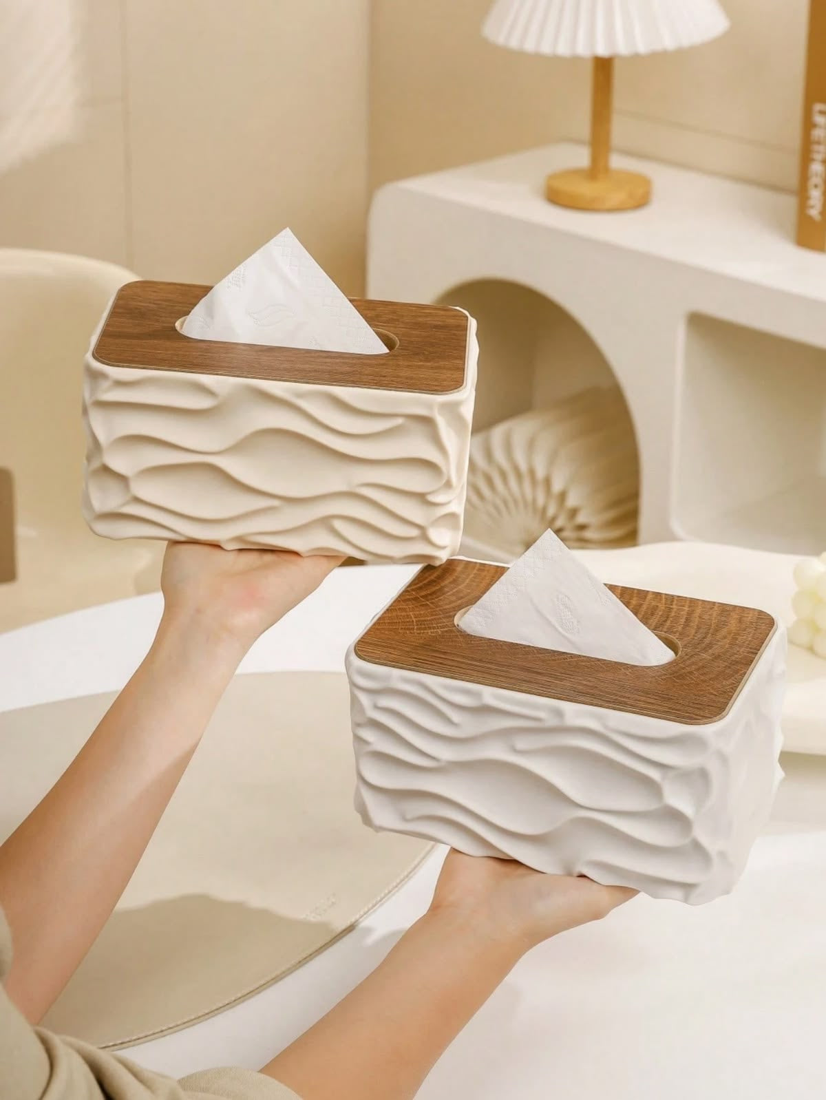 Wave-Textured Cream Tissue Box with Wood-Grain Lid