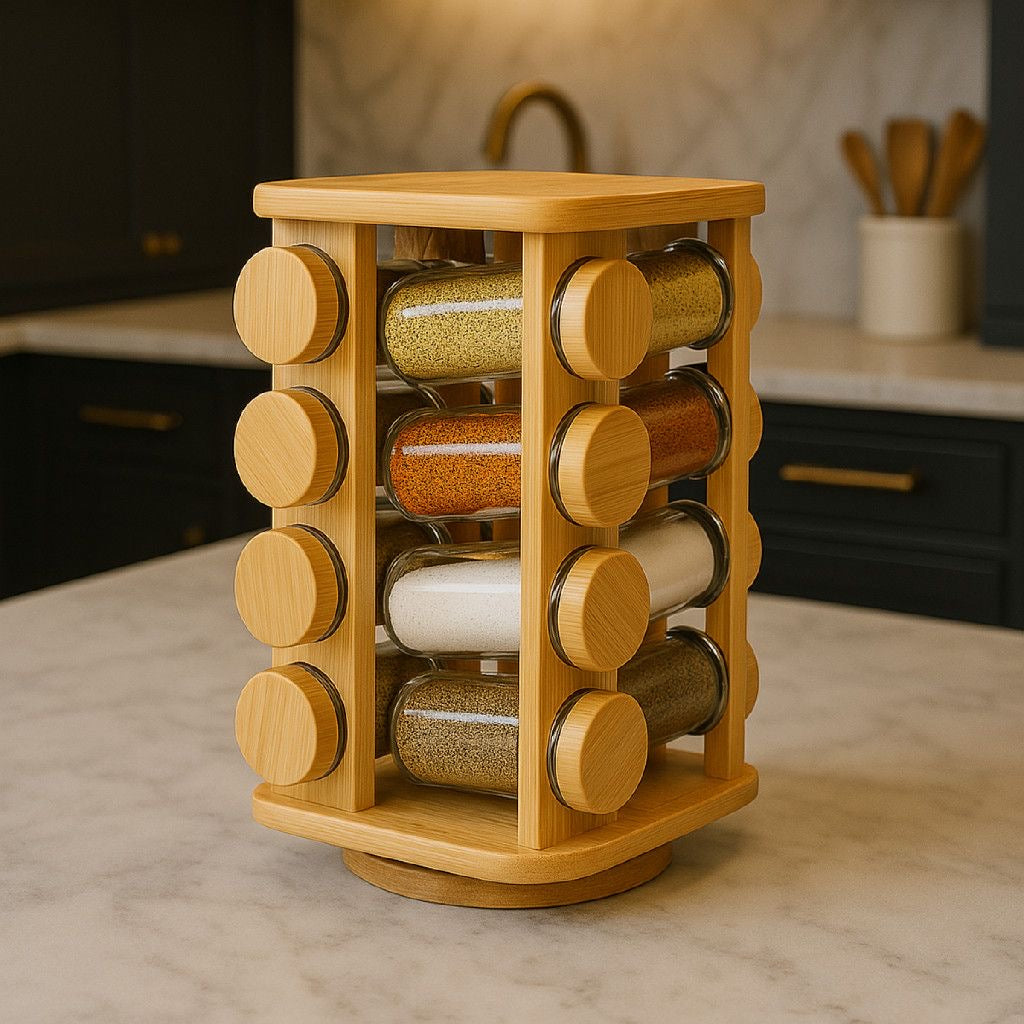 Rotating Bamboo Spice Rack Organizer