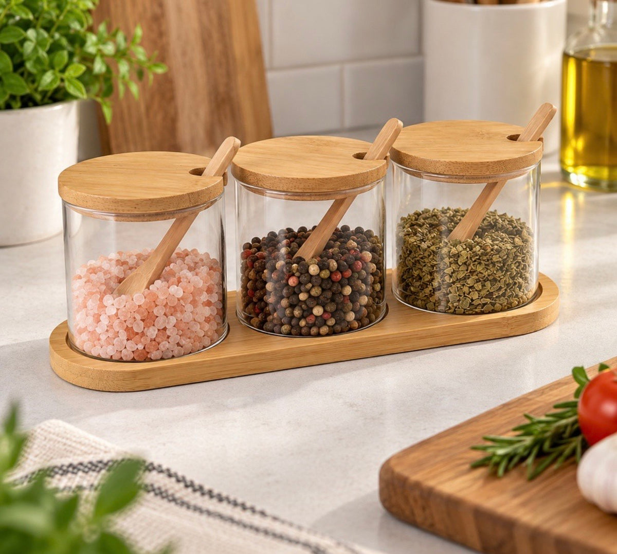 Bamboo Lid Glass Condiment Jar Set with Wooden Tray (3-Piece)